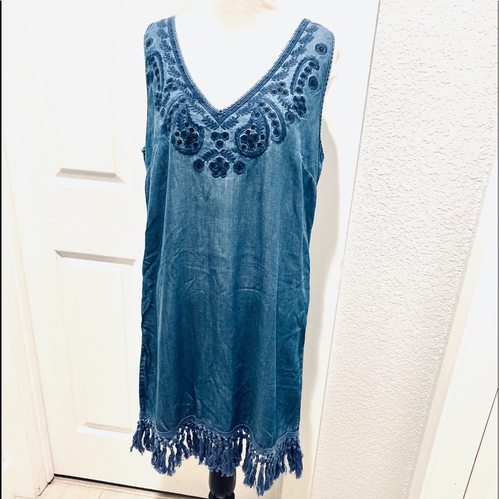 Beige Denim Sleeveless Dress.
